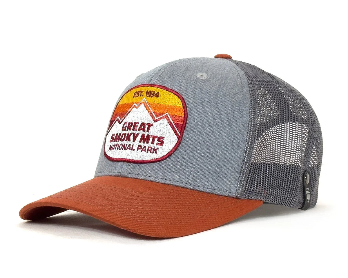 Trucker hat with Great Smoky Mountains National Park patch on a white background