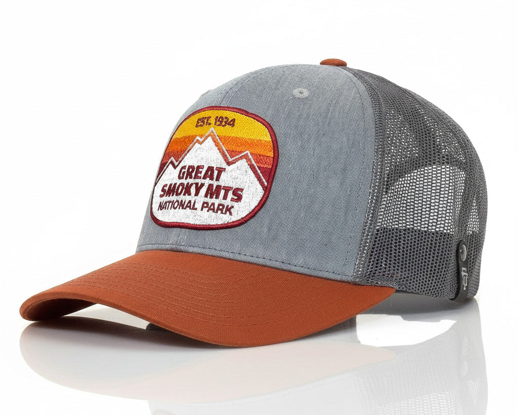 Gray and brown cap with 'Great Smoky Mts National Park' patch on a white background