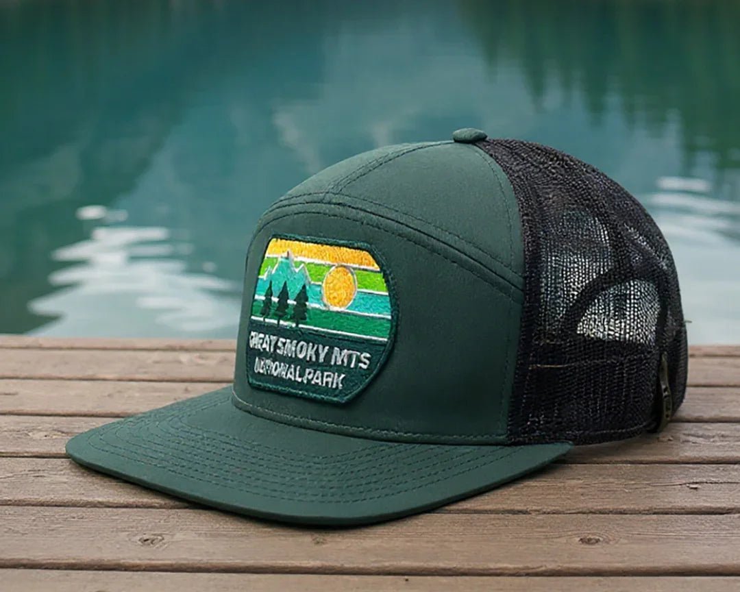 GREAT SMOKY MTS 7 - Panel Flat Bill Trucker, Richardson 168 Green - Tailgate Hats