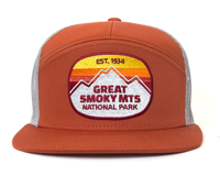 GREAT SMOKY MTS 7-Panel Flat Bill Trucker, Richardson 168 Orange
