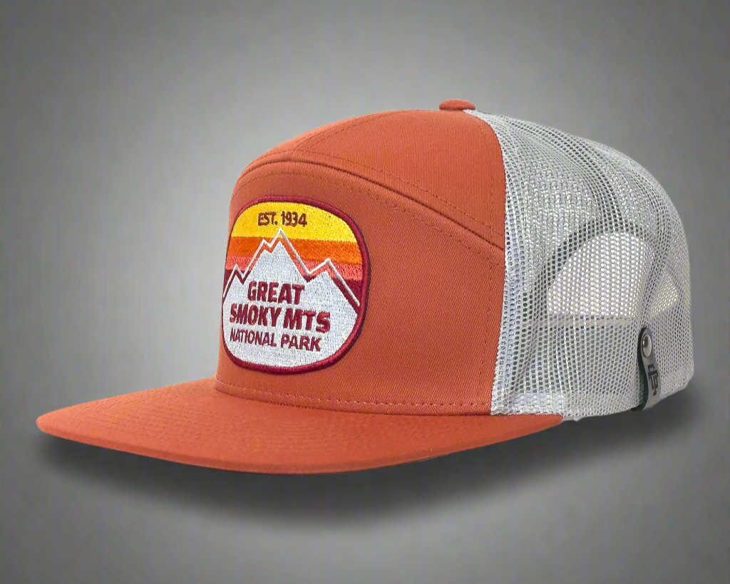 Orange and gray cap with a 'Great Smoky Mts National Park' patch on a white background