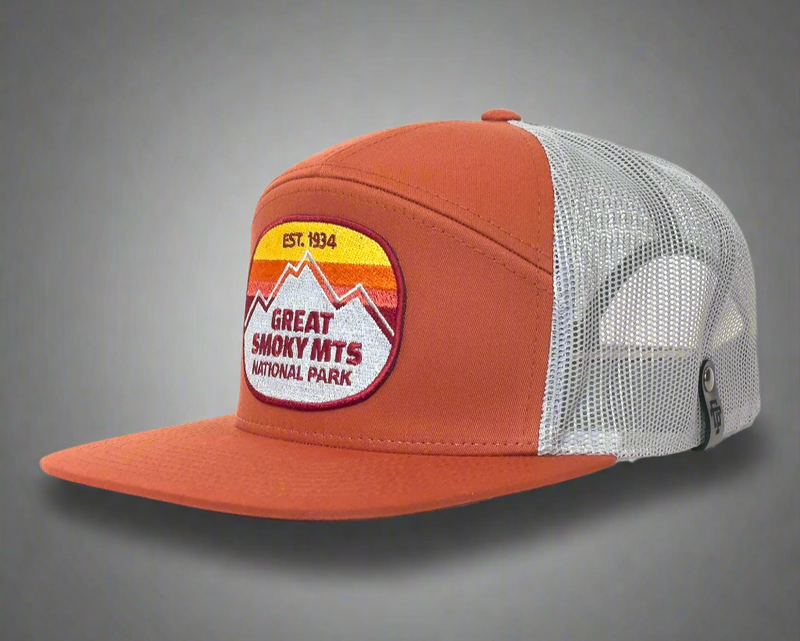Orange and gray cap with a 'Great Smoky Mts National Park' patch on a white background