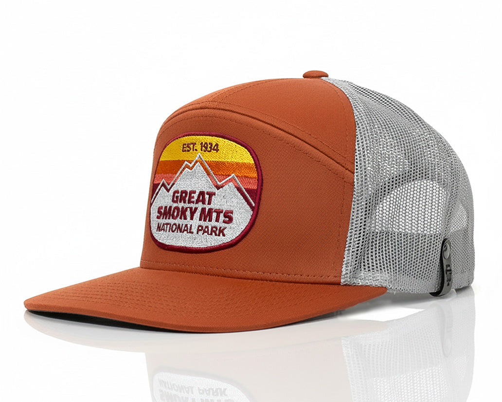 Brown and gray cap with a 'Great Smoky Mts National Park' patch on a white background