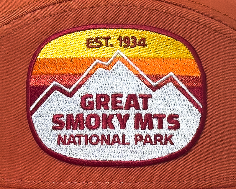 GREAT SMOKY MTS 7-Panel Flat Bill Trucker, Richardson 168 Orange