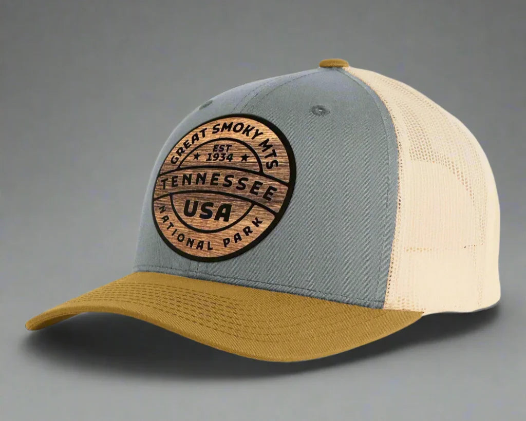 GREAT SMOKY MTS WOOD 6-Panel Curved Snapback, Richardson 112 Grey