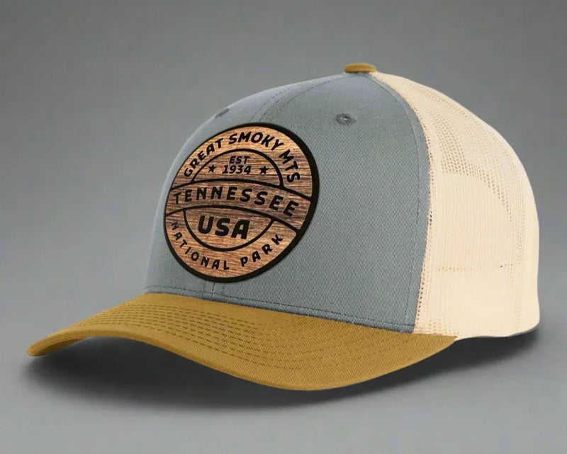 GREAT SMOKY MTS WOOD 6-Panel Curved Snapback, Richardson 112 Grey