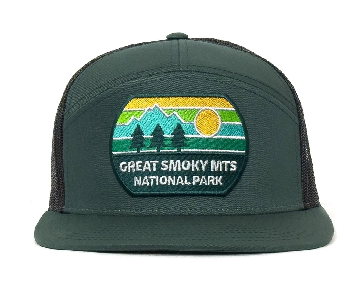 GREAT SMOKY MTS 7 - Panel Flat Bill Trucker, Richardson 168 Green - Tailgate Hats