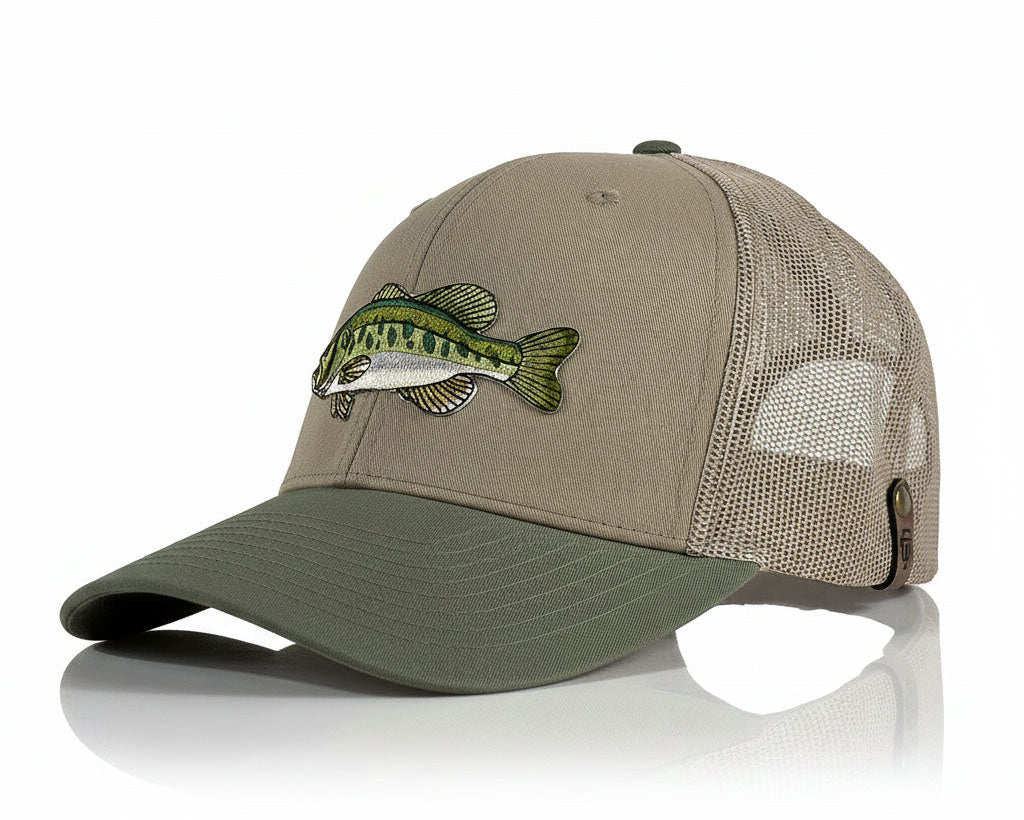 LARGEMOUTH BASS 6-Panel Curved Snapback, Richardson 112 Khaki