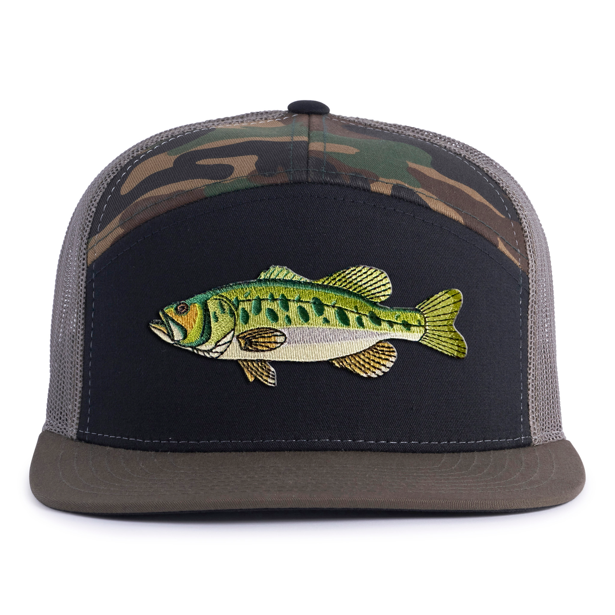 LARGEMOUTH BASS 7-Panel Flat Camo Hat, Richardson 168 Black