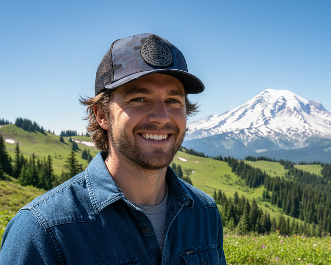 MOUNT RAINIER 5-Panel Curved Camo Hat, Richardson 112 Navy