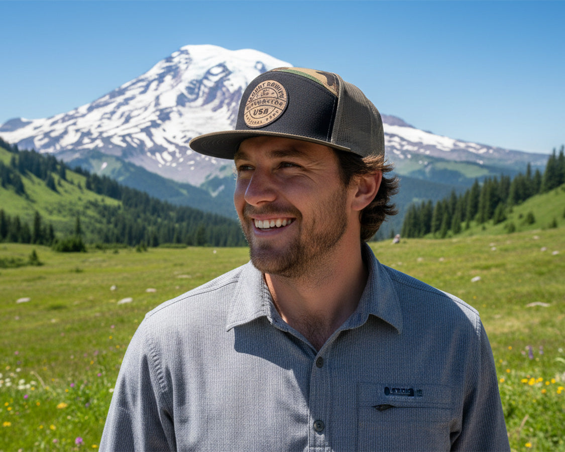 MOUNT RAINIER WOOD 7-Panel Flat Camo Hat, Richardson 168 Black