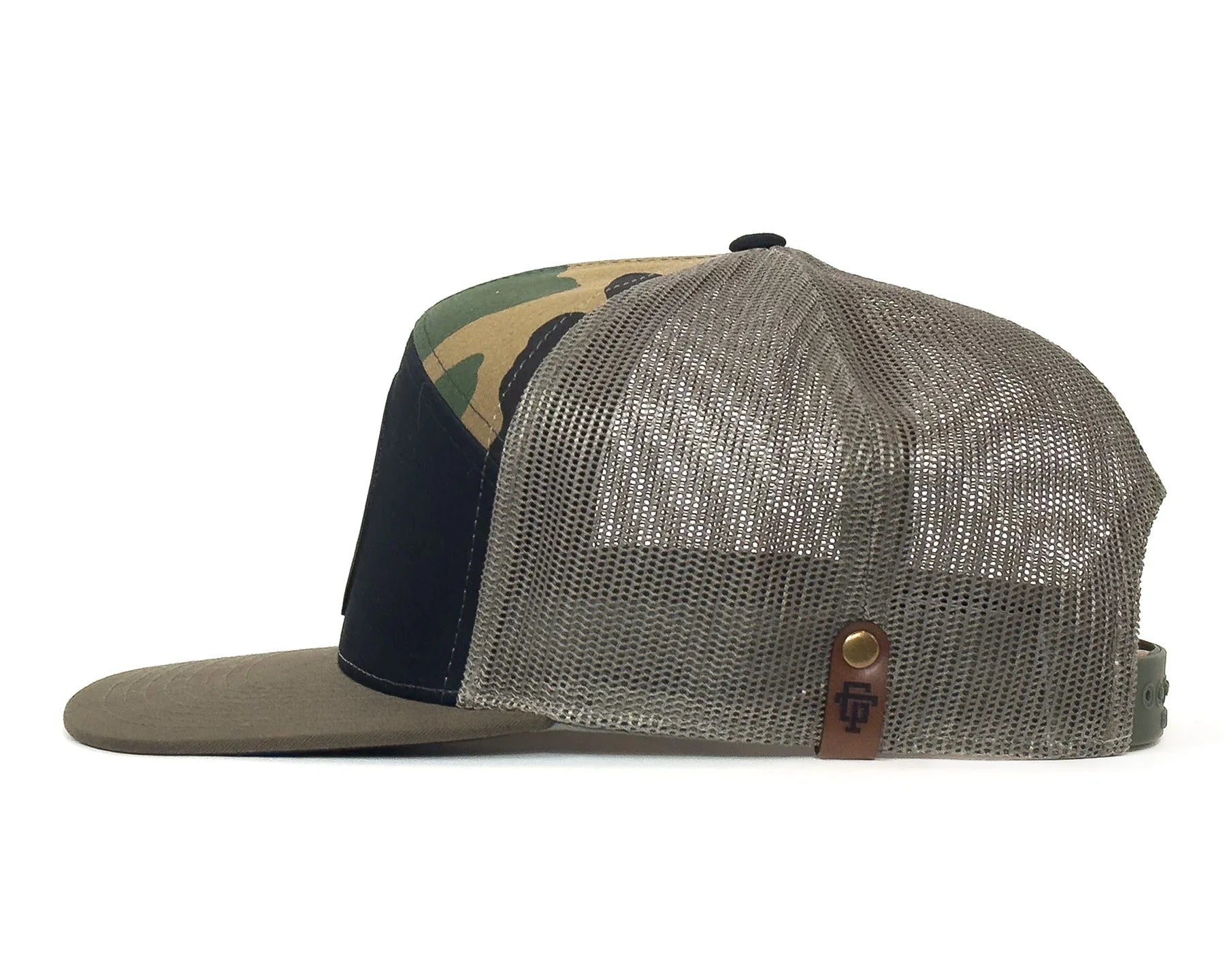 Trucker hat with camouflage visor and mesh design on a white background