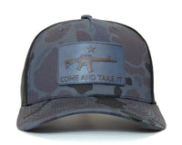 Camouflage cap with 'Come and Take It' patch featuring an AR-15 rifle design on a white background.