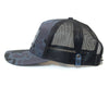 Black and gray camouflage baseball cap with mesh back on a white background