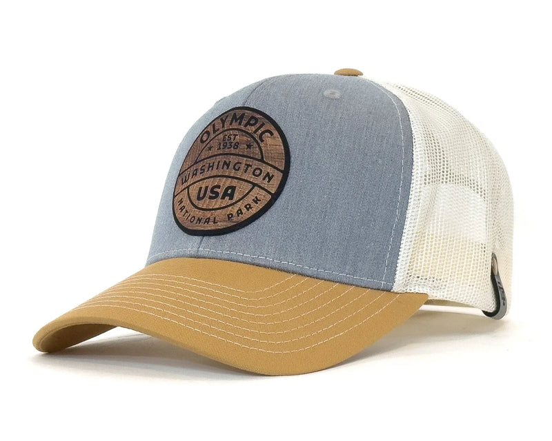 Trucker hat with Olympic National Park logo on a white background