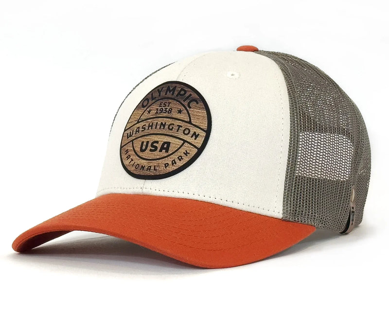 Trucker hat with Olympic National Park logo on a white background