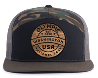 OLYMPIC WOOD 7-Panel Flat Camo Trucker, Richardson 168 Black