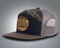 OLYMPIC WOOD 7-Panel Flat Camo Trucker, Richardson 168 Black
