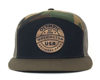 OLYMPIC WOOD 7-Panel Flat Camo Trucker, Richardson 168 Black