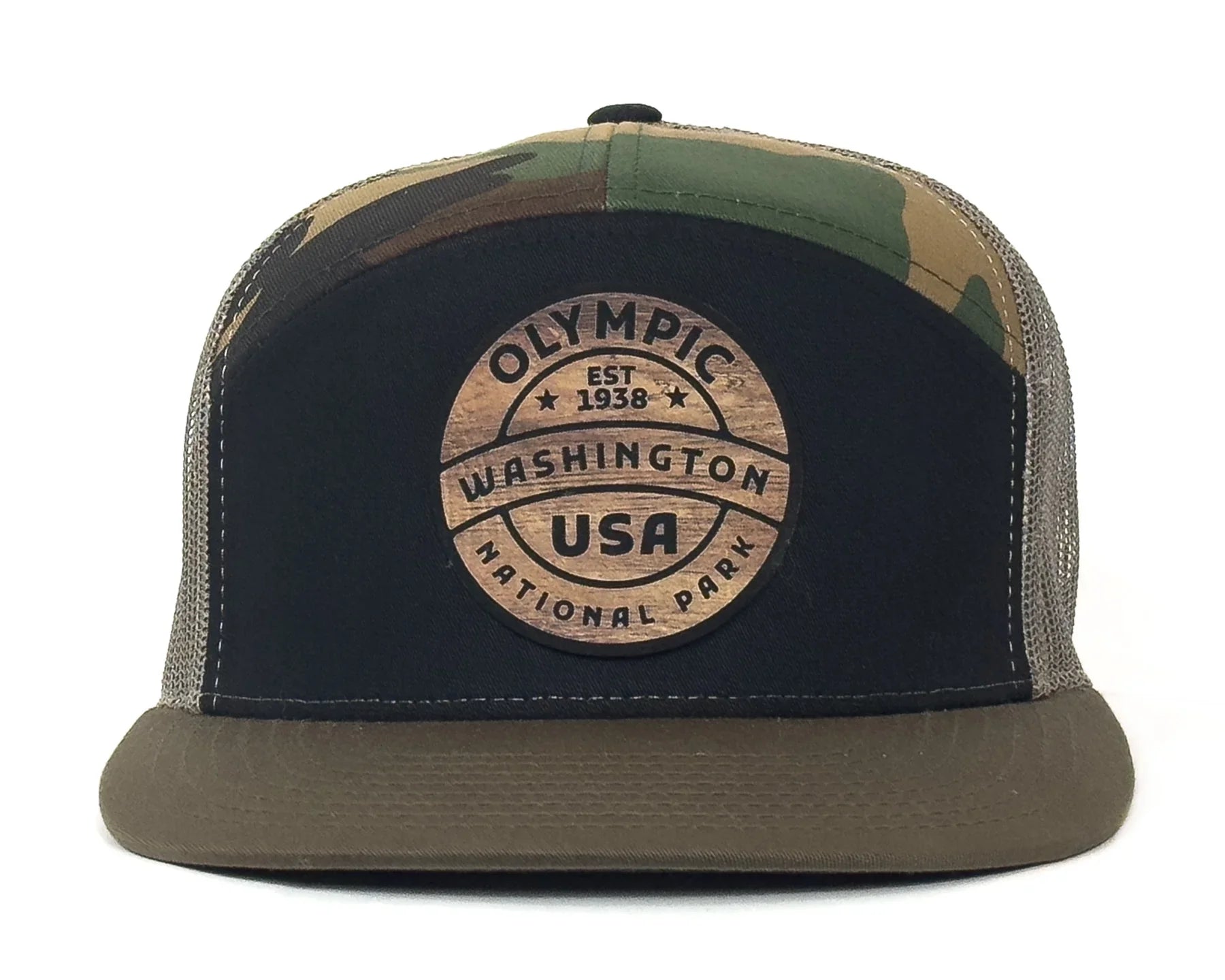 OLYMPIC WOOD 7-Panel Flat Camo Trucker, Richardson 168 Black