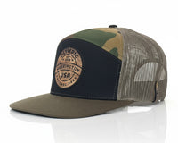 Camouflage and brown trucker cap with mesh back on a white background