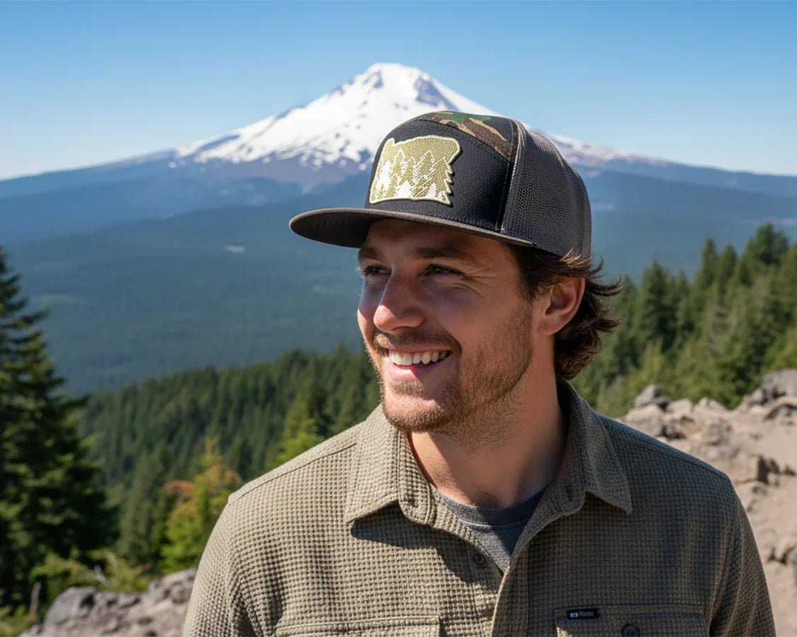 OREGON FIRS 7 - Panel Flat Camo Hat, Richardson 168 Black - Tailgate Hats