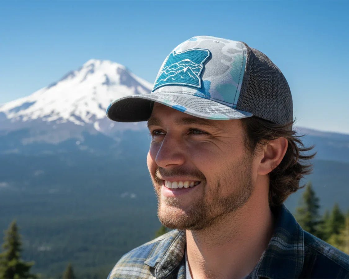 OREGON MTS. 5 - Panel Curved Camo Hat, Richardson 112 Blue - Tailgate Hats
