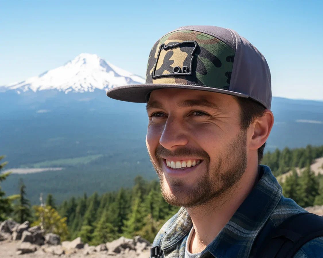 OREGON OUTLINE 7 - Panel Flat Camo Strapback, Charcoal - Tailgate Hats