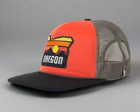 Trucker hat with 'Oregon' design on an orange and black background
