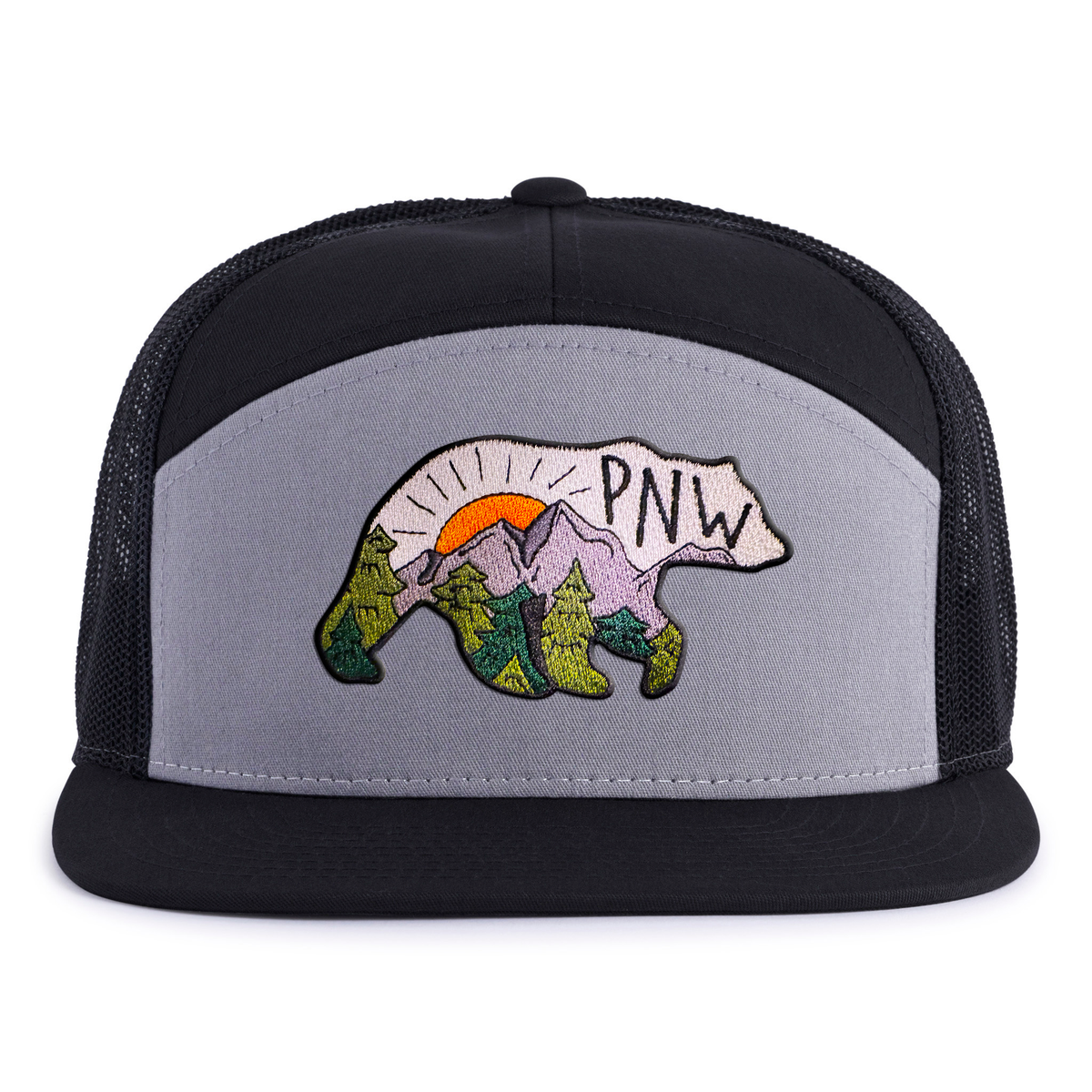 PNW BEAR 7-Panel Flat Bill Snapback, Richardson 168 Black