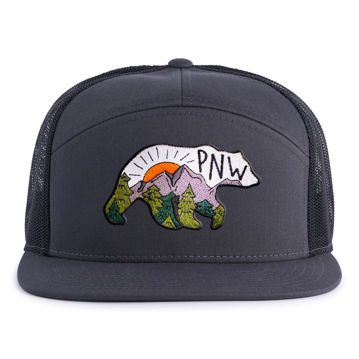 PNW BEAR 7-Panel Flat Bill Snapback, Richardson 168 Grey