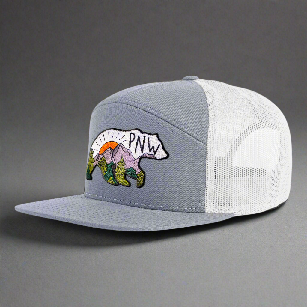 PNW BEAR 7-Panel Flat Bill Snapback, Richardson 168 Grey