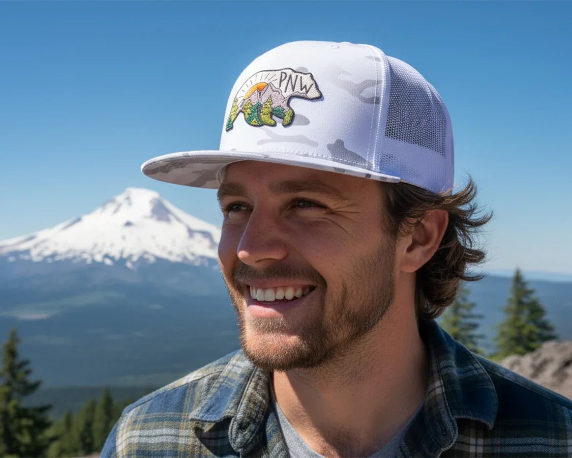 PNW BEAR 6 - Panel Flat Camo Hat White - Tailgate Hats
