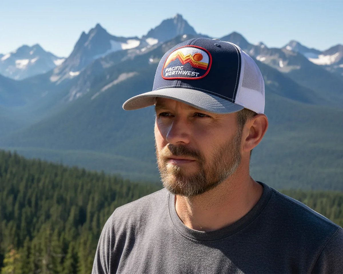 PNW PEAKS 6 - Panel Curved Snapback, Richardson 112 Navy Grey - Tailgate Hats
