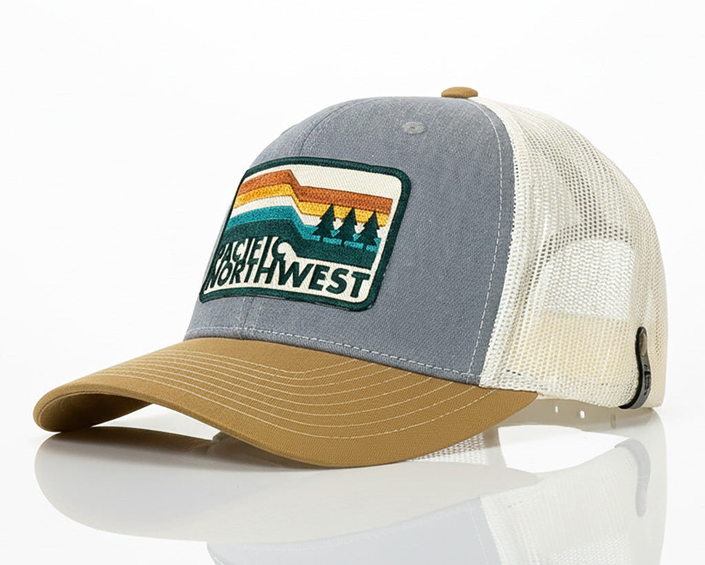 Trucker hat with a Pacific Northwest logo on a white background