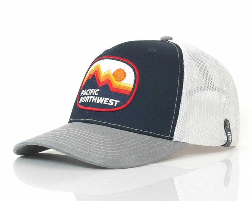 Trucker hat with 'Pacific Northwest' logo on a white background