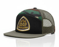 Camouflage baseball cap with a logo and text on a white background