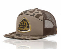 Camouflage trucker hat with 'Protect Public Lands' logo on a reflective surface
