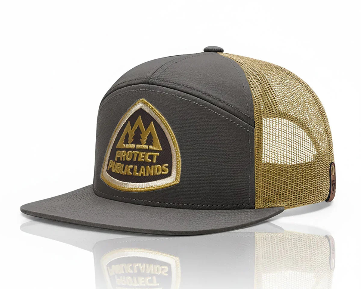 Gray and beige cap with 'Protect Public Lands' logo on a white background