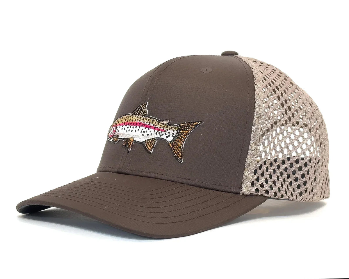 Brown cap with fish design on a white background