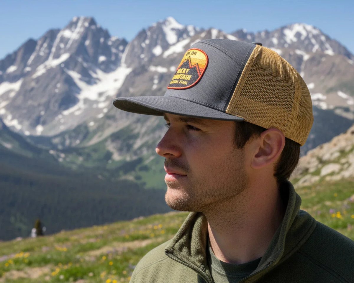 ROCKY MTN 7 - Panel Flat Bill Trucker, Richardson 168 Grey Gold - Tailgate Hats