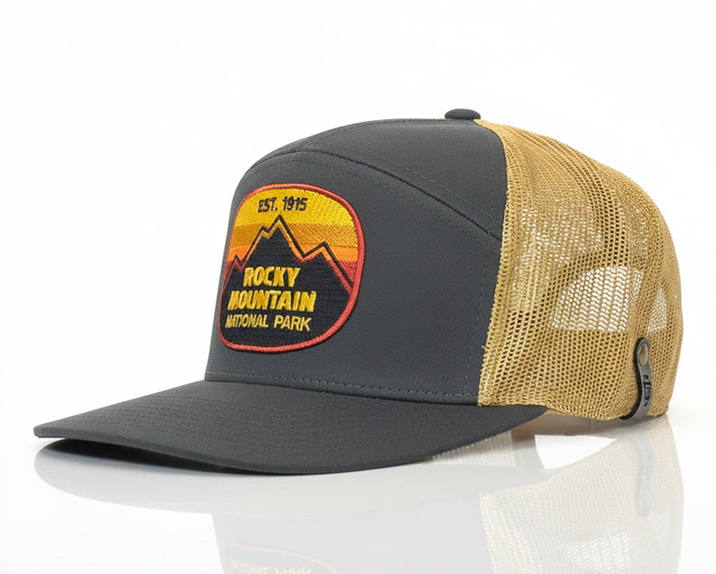 Gray and beige cap with Rocky Mountain National Park patch on a white background