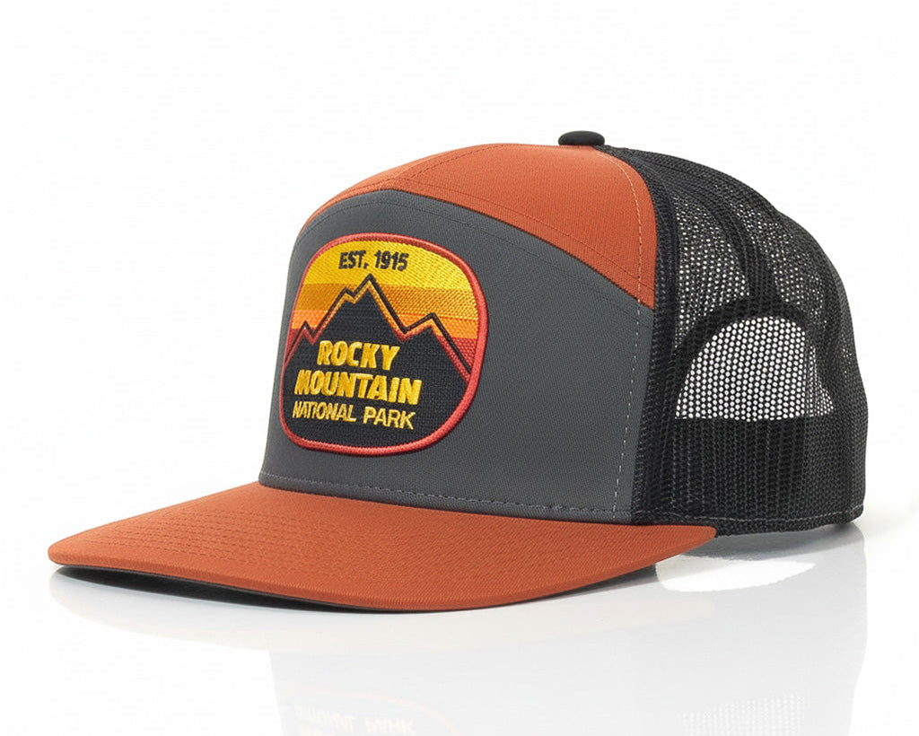 Trucker hat with Rocky Mountain National Park logo on a white background