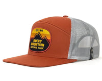 Brown and gray cap with Rocky Mountain National Park patch on a white background