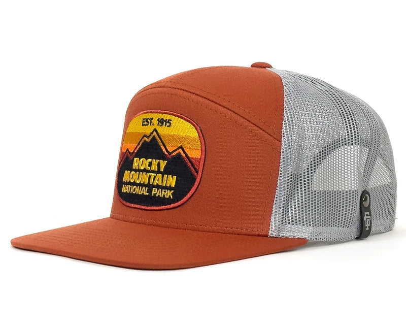 Brown and gray cap with Rocky Mountain National Park patch on a white background