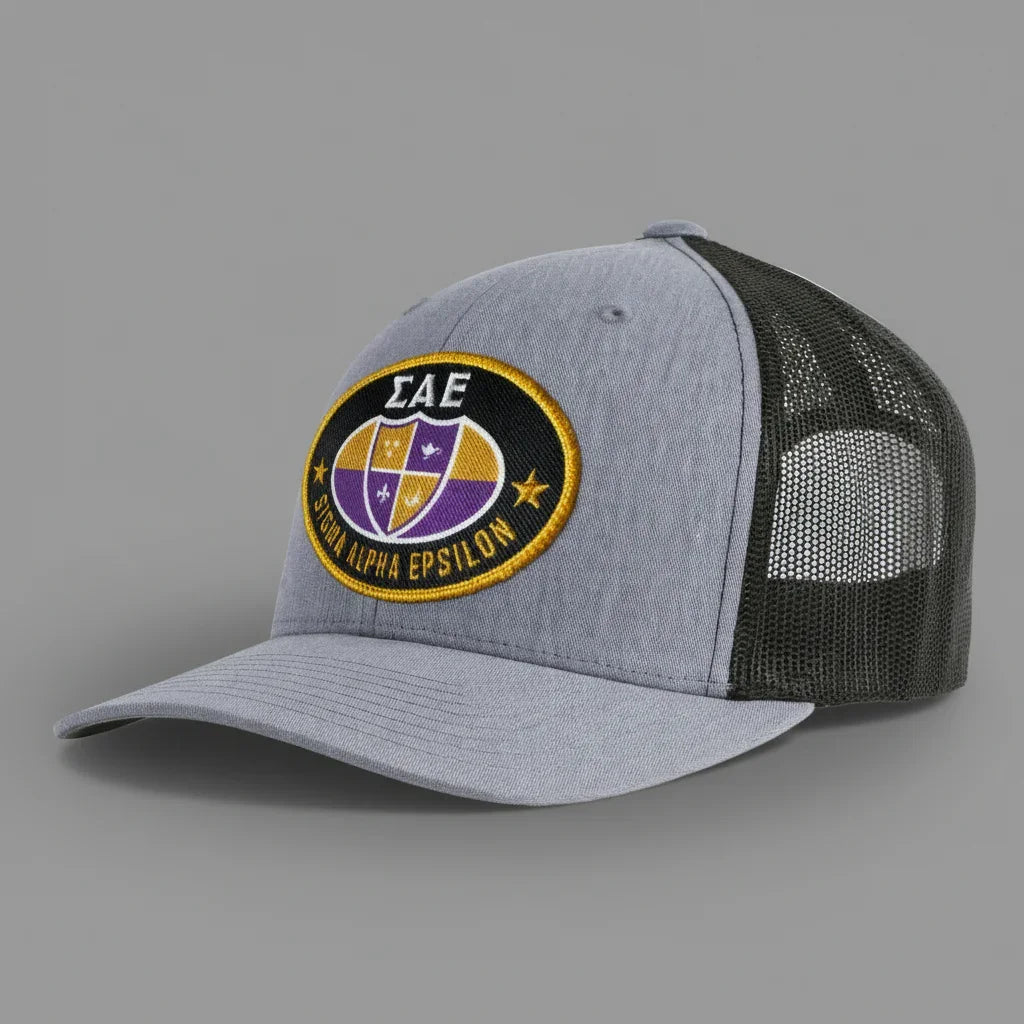 Gray and black trucker cap with a logo on a white background