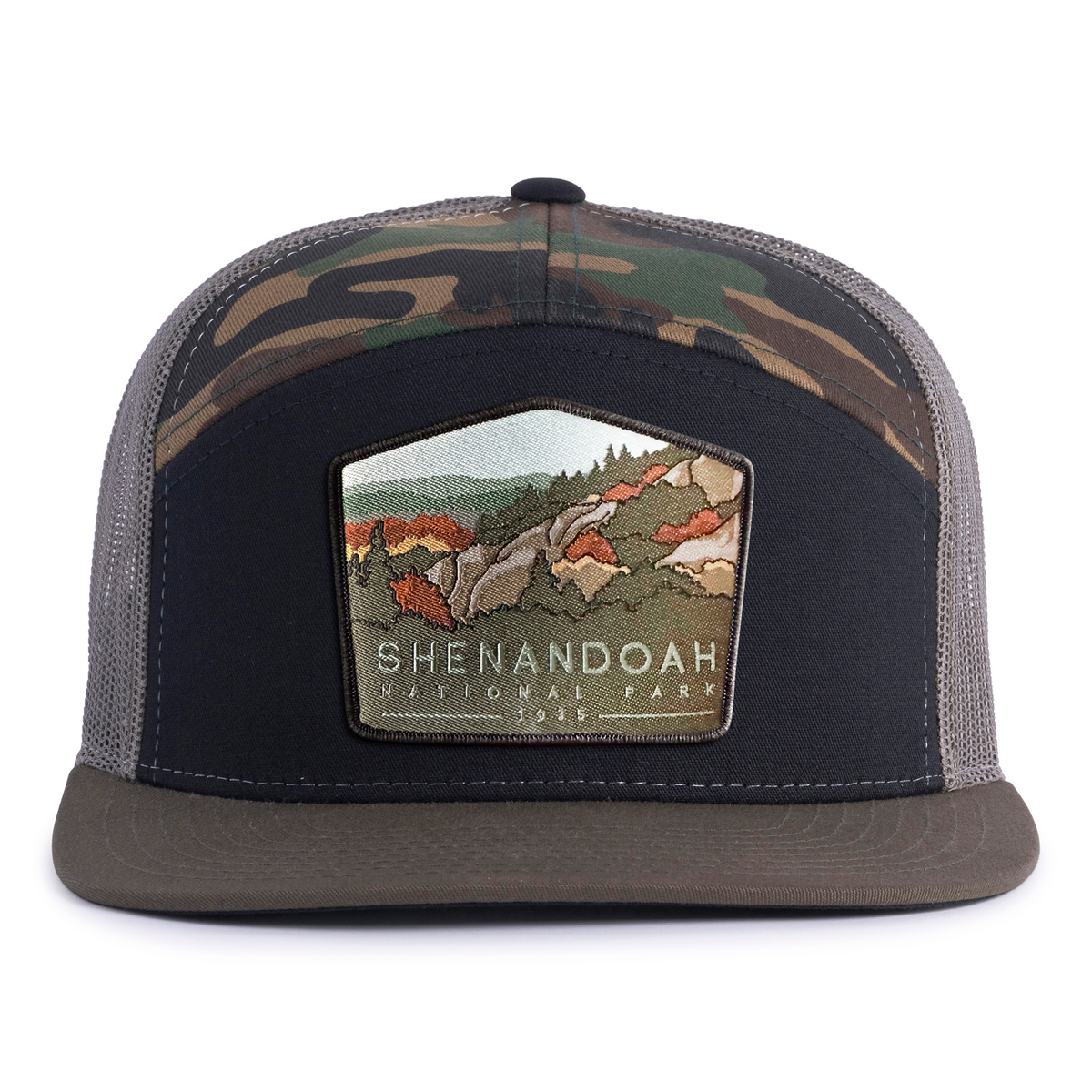 SHENANDOAH 7-Panel Flat Camo Hat, Richardson 168 Black