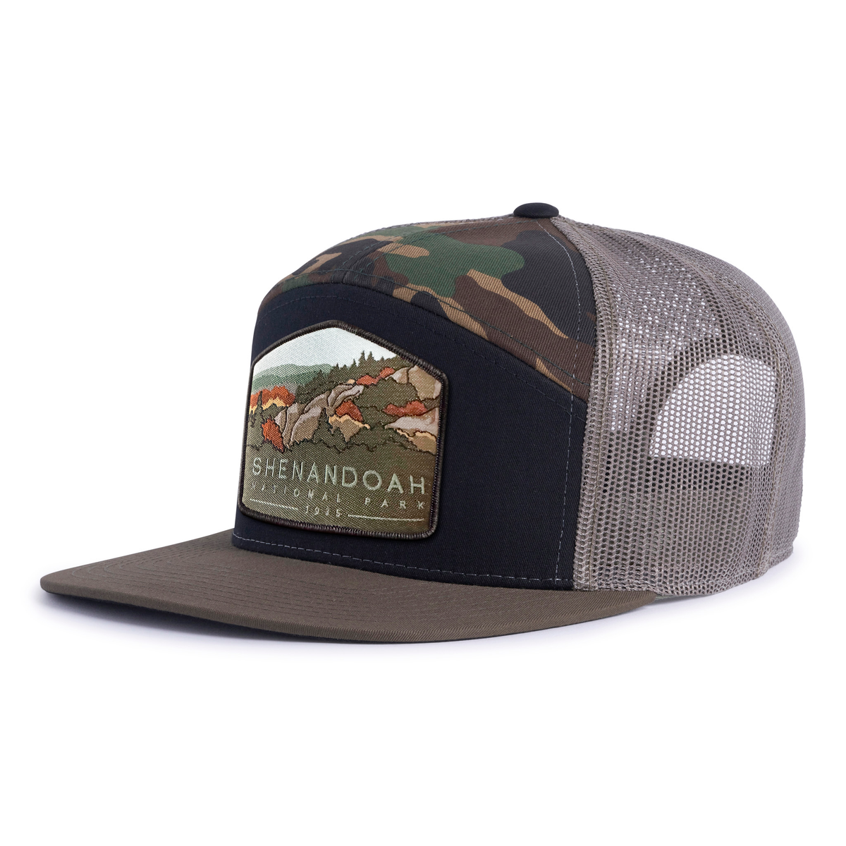 SHENANDOAH 7-Panel Flat Camo Hat, Richardson 168 Black