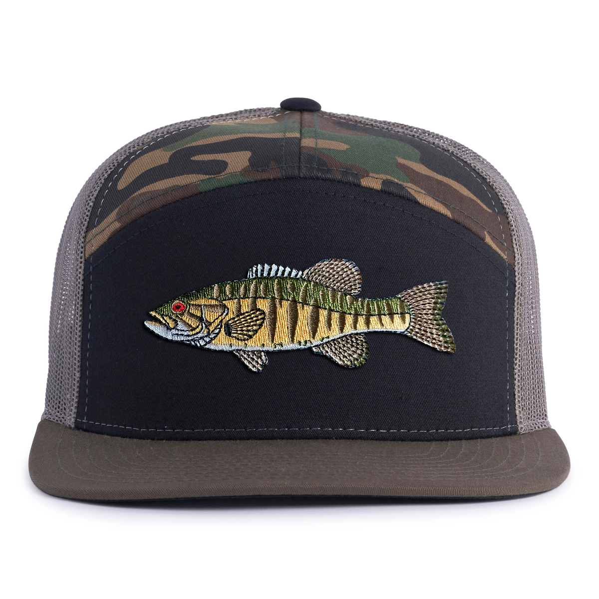 SMALLMOUTH BASS 7-Panel Flat Camo Hat, Richardson 168 Black