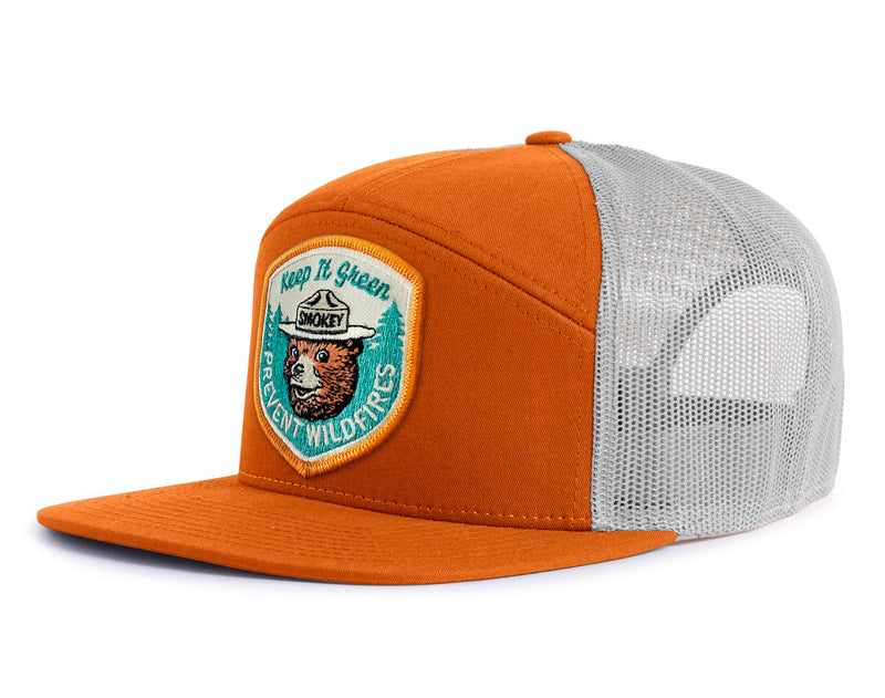 SMOKEY BEAR 7-Panel Flat Snapback, Richardson 168 Orange